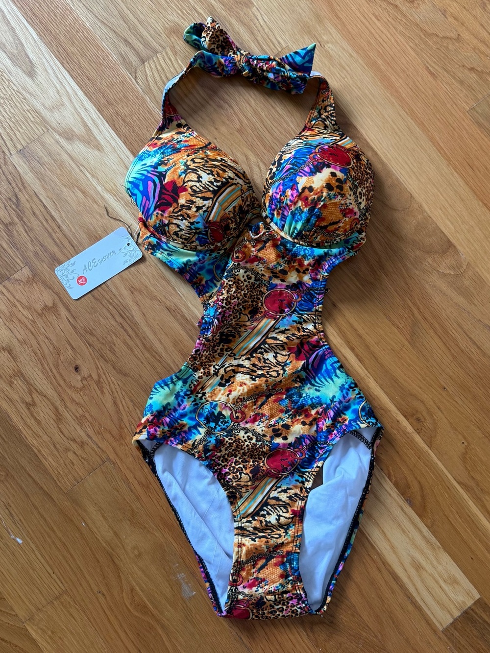 Animal Jungle Print One-Piece Monokini Swimsuit with Halter Tie Neck